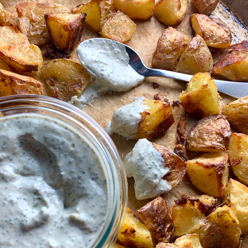 Extra Crispy Roasted Potatoes with Food Vibes Radiate Sage – Fried (vegan) Aioli